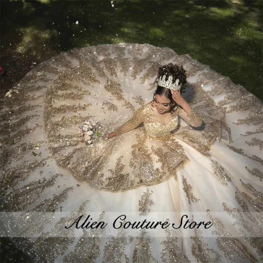 Sparkly Quinceanera Dress Sweet 16 Ball Gown Long Sleeves Glitter Bead Gold Sequins Appliques Vestidos De XV Anos Customized