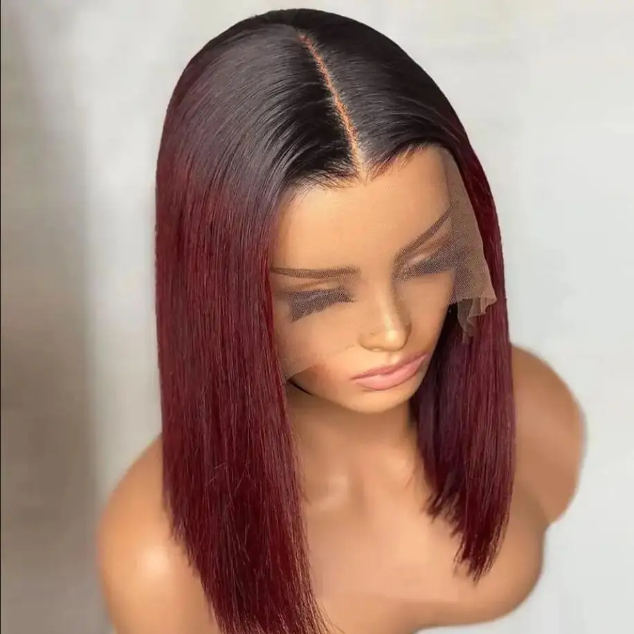 

Preplucked Soft Short Bob 180%Density Straight Ombre Burgundy 99j Lace Front Wigs For Women Baby Hair Glueless Heat Resistant