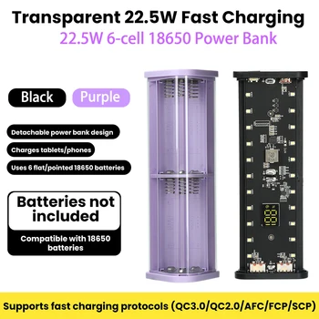 Custodia per batteria 18650 a 6 celle Portabatteria fai da te 22,5 W Scatola di immagazzinaggio batteria trasparente a ricarica rapida Interfaccia USB tipo C