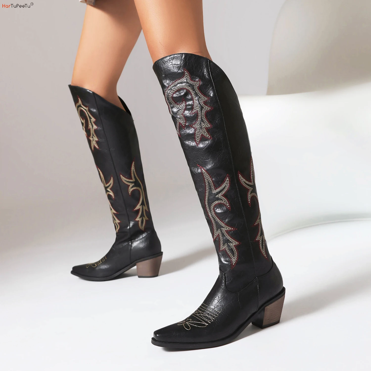 

Cowgirls Tall Boots Wide Calf for Women Knee High Western Boots Cowboy Pointed Toe Heeled Shoes Embroider Sewing Comfy Footwear