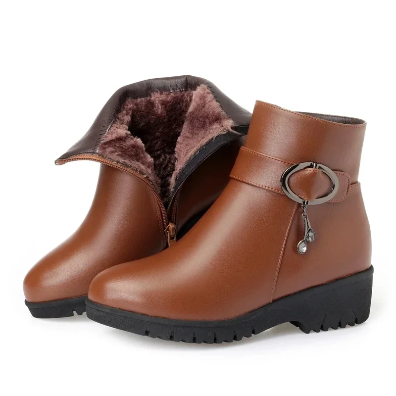 Neue Split Leder Damen Schneeschuhe Winter Natur wolle Wohnungen Ferse Rindsleder Stiefeletten für Frauen wasserdichte warme Schuhe