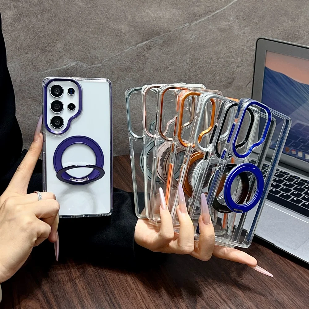 Magnetic 360 Rotating Transparent Shockproof Phone Case with Colorful Bumper Cover