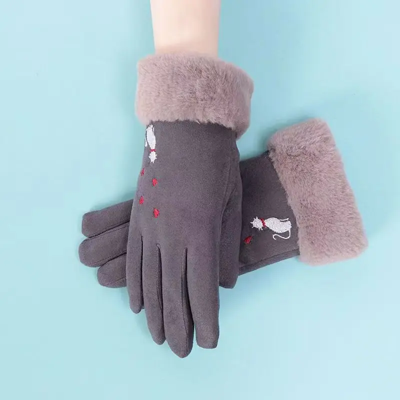 Fashion Winter Women Gloves Cute Embroidery Cat Furry Warm Cartoon Full Finger Mittens Lady Outdoor Sport Female Gloves T161