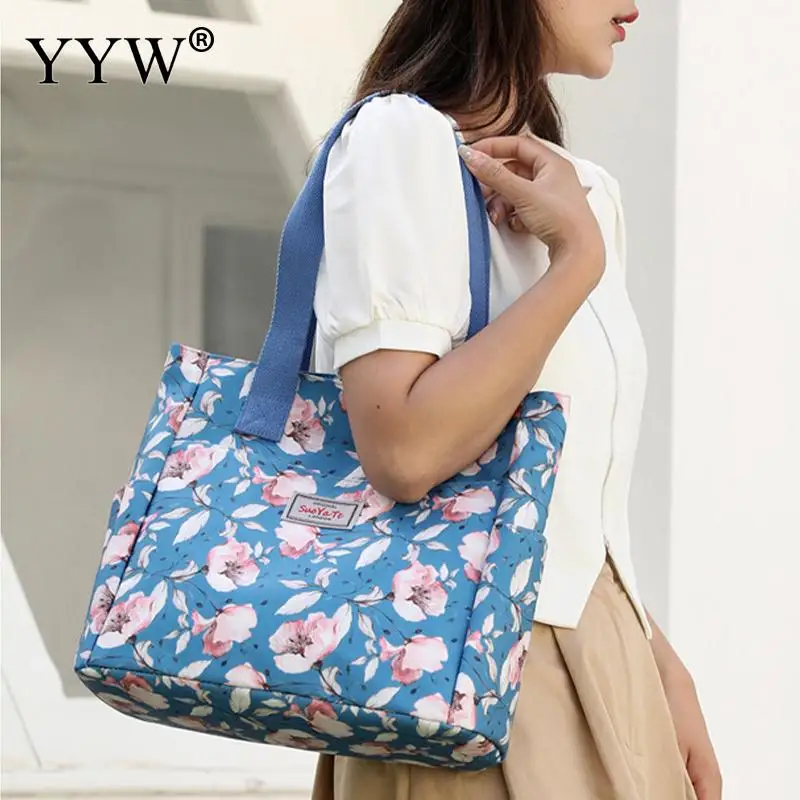 Women Bucket Tote Bags Casual Floral Printing Nylon Shoulder Handbag Top Handle Bag Large Capacity Mother Travel Shopping Purse