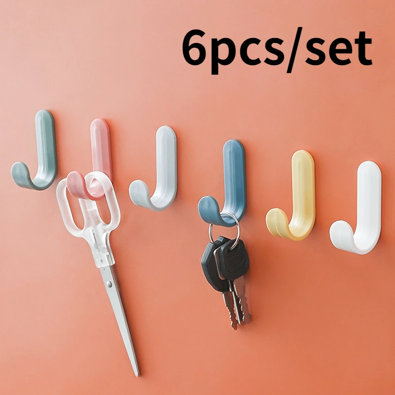 

For Door Hooks Hangers Hallway Adhesive Plastic Bedroom Candy Strong J-shaped Color 6pcs/set Bathroom Kitchen Wall Hook Self