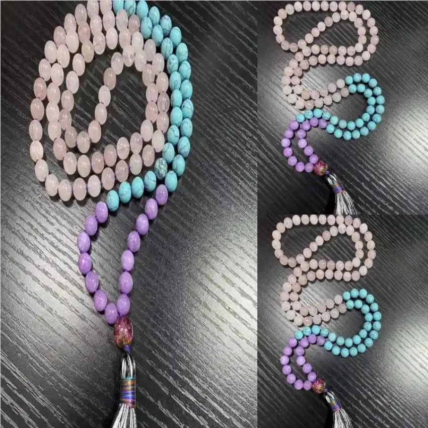 8mm 108 pink crystal turquoise purple chalcedony knot necklace Yoga Mala Relief Crystal Peace Rustic Men's Couples