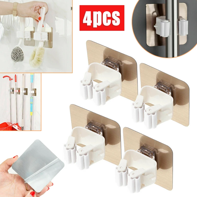 4pcs/set Self Adhesive Mop Holder Rack Wall Mounted Hooks Broom Hanger