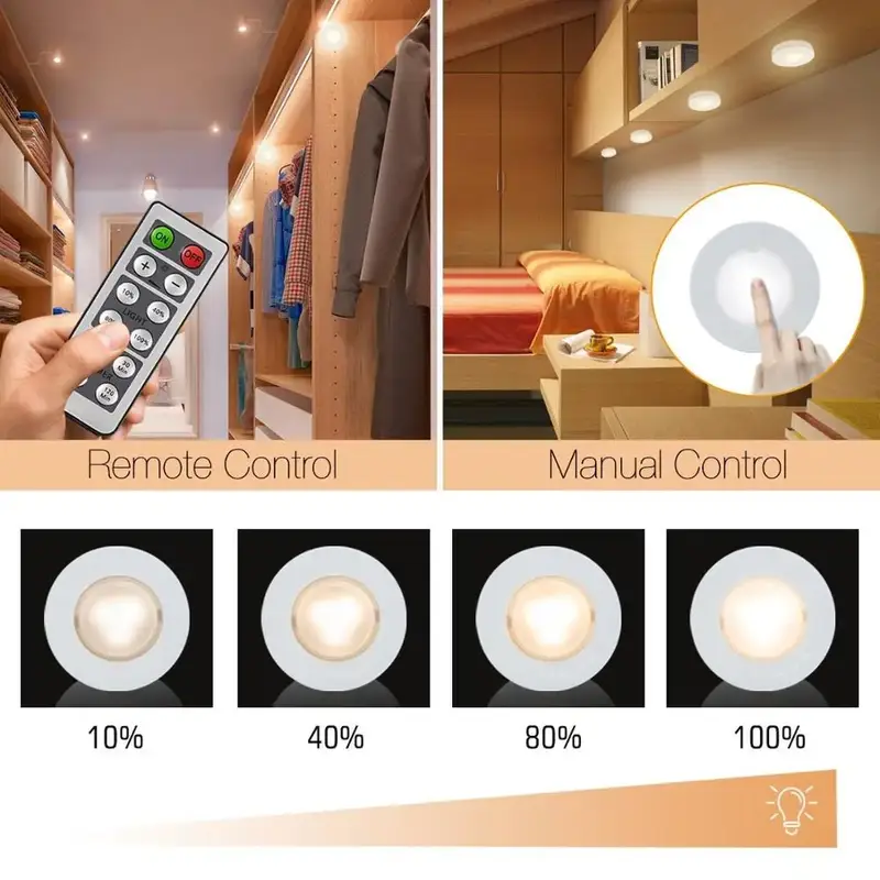 LED Puck Light Wireless Under Cabinet Lights with Remote Control Dimmable Battery Powered Night Lamp for Kitchen Closet Wardrobe - Image 3