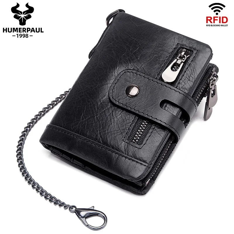 LAREET Portafoglio in vera pelle al 100% con pelle bovina per uomo Porta carte di denaro Borsa RFID Tasca portamonete corta con doppia cerniera Bifold maschile