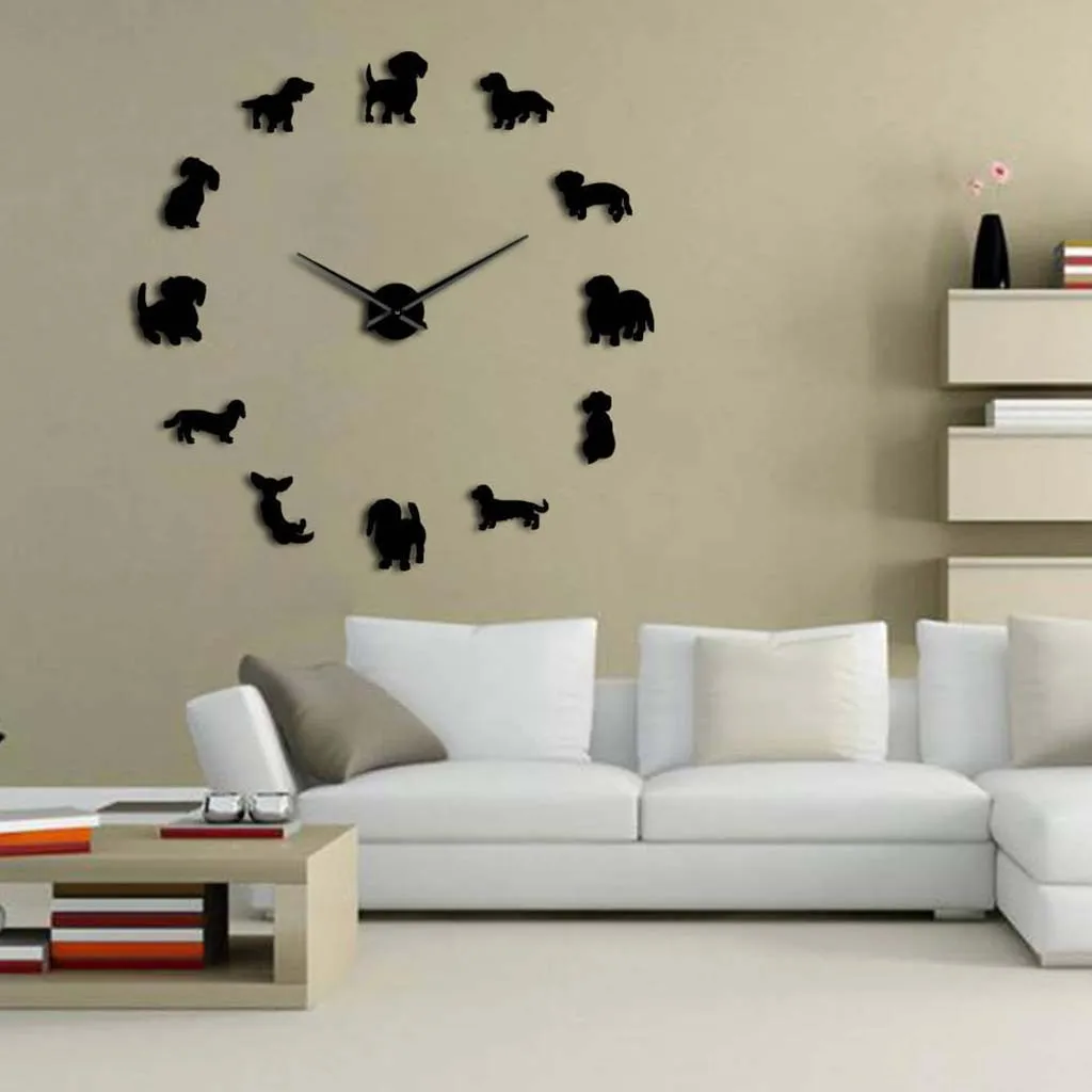 

Diy Dachshund Wall Art Wiener Dog Puppy Frameless Giant Clock With Mirror Effect Dog Printed Wall Sticker Reloj De Pared