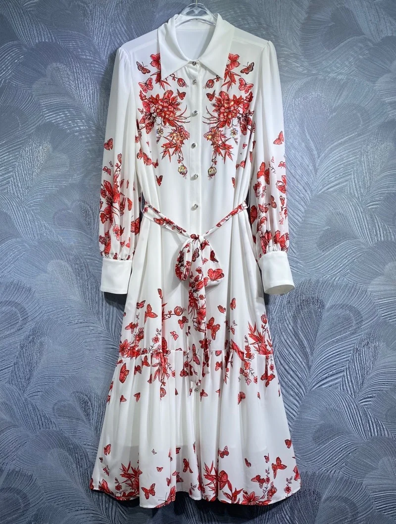 

Top Quality Women's Dress 2024 Spring Design Fashion Ladies Turn-down Collar Red Floral Print Belted Long Sleeve White Dress