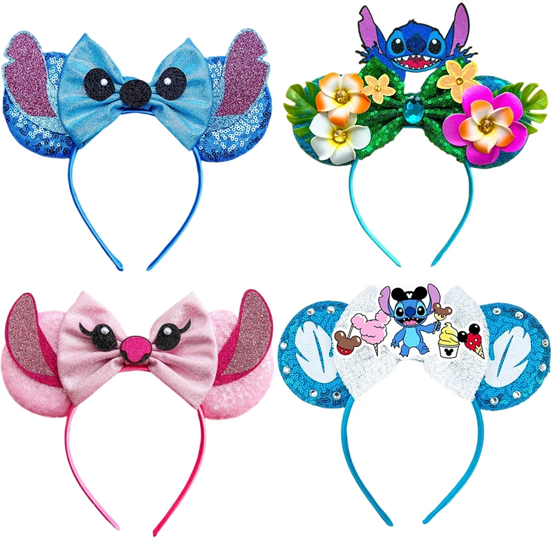 Lilo & Stitch Hair Accessories Girls Pink Bow Hairbands Baby Disney Angel Headwear Kids Cosplay Lilo Sequins Head Band Women lilo