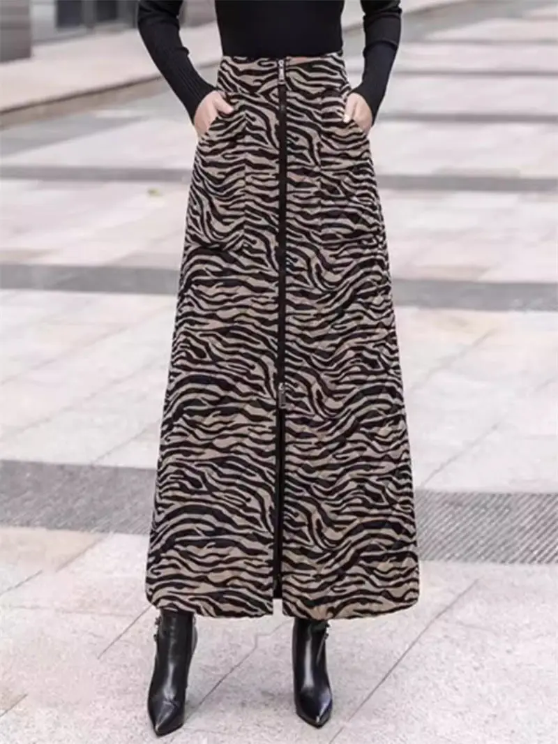 

New Down Cotton Skirt 2023 Autumn Winter Thickened Fashion Warm One Piece Velvet Zebra Printed Skirt For Women Long Jupe Z3449