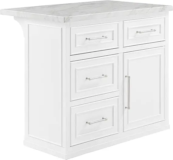 Crosley Furniture Cutler White Faux Marble Kitchen Island with Storage and Breakfast Bar, Suitable for Microwave Stand