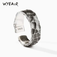 WYEAIIR 925 Sterling Silver Retro Stone Texture Male Resizable Opening Ring For Women Luxury Jewelry 1