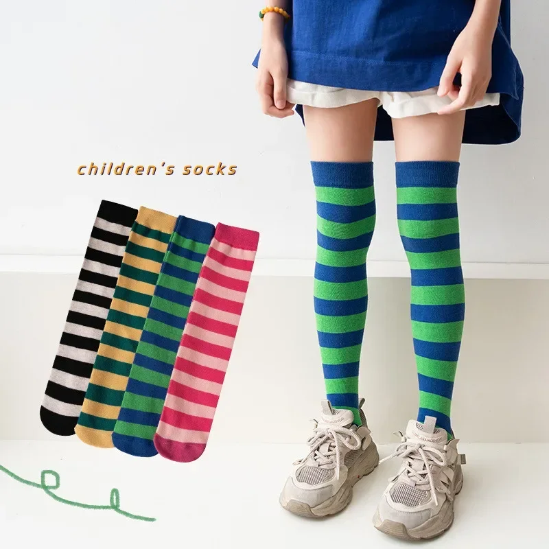 1 Pair Kid Girl Sock Y2K Style Retro Knee High Sock for Toddler Girl Solid Color Series Striped Calf for Children