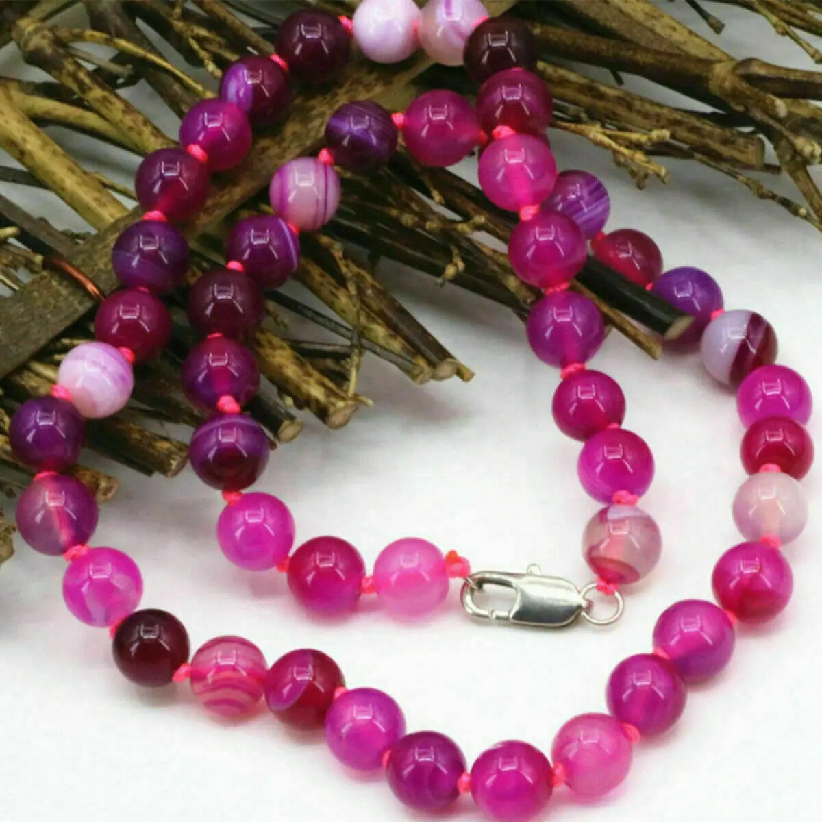Natural 10mm Agate Rose Red Stripe Onyx Round Gemstone Beads Necklace 18