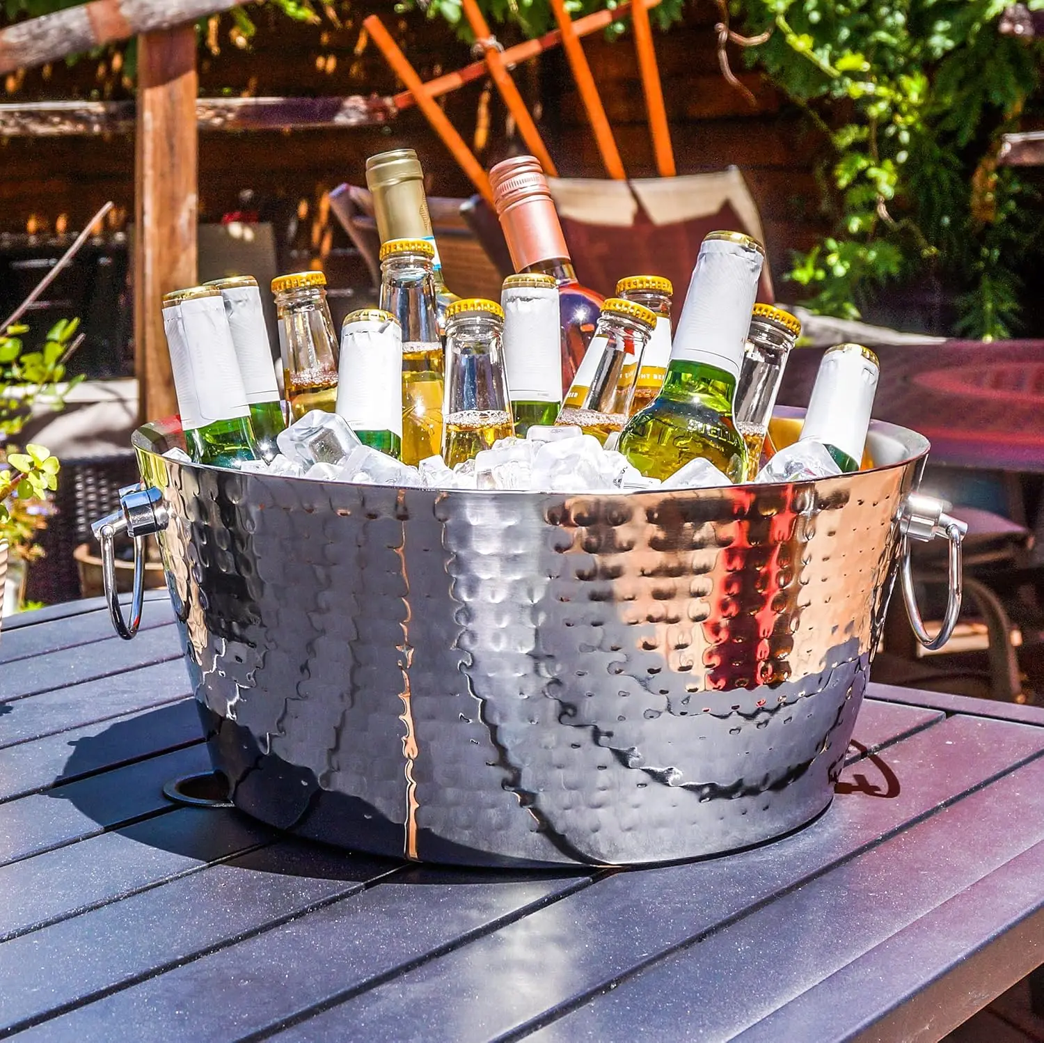 Hammered Stainless-Steel Beverage Tub, Double-Walled Insulated Anchored Drink Tub & Ice Bucket with Double Hinged Handles