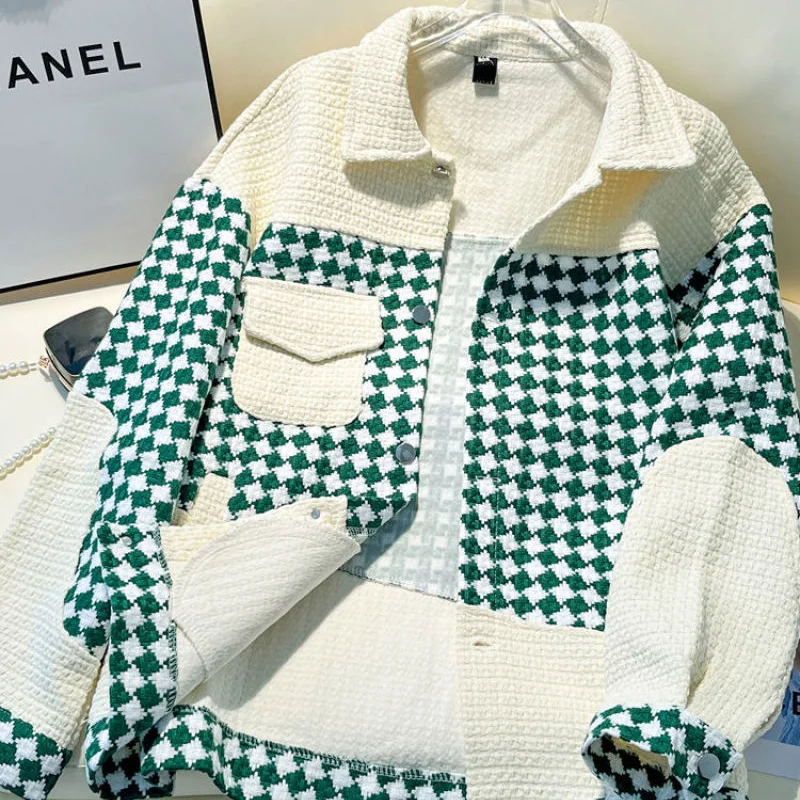 

Retro High-end Polo Collar Plaid Jacket for Women in Spring Autumn 2023 with a Small Fragrance and a New Lazy Loose Fitting Coat