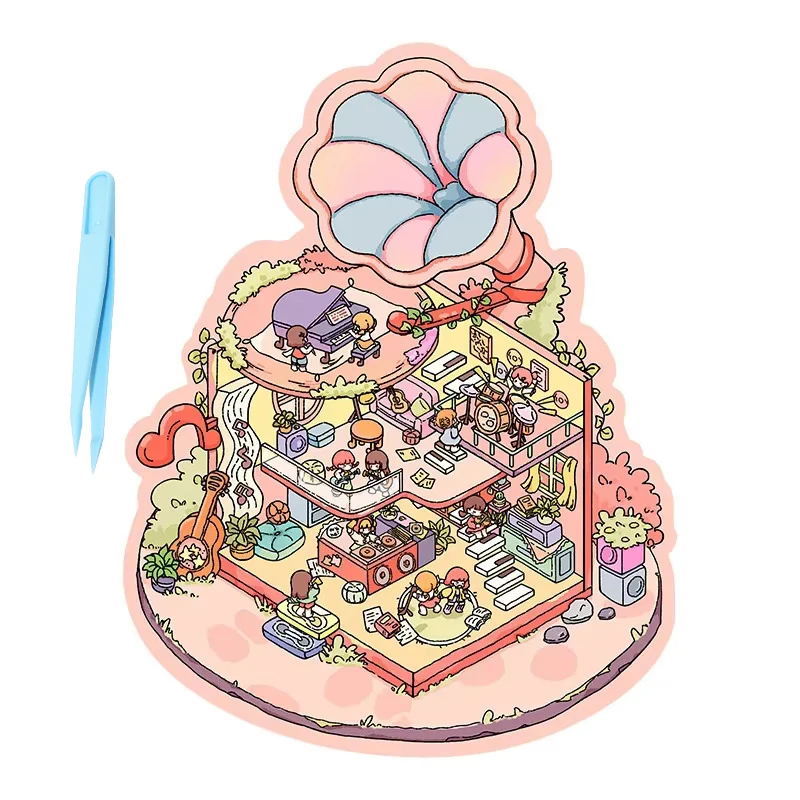 Happy Party 3D DIY Fairytale Scene Sticker Playable Sticker Pocket Cabin Scene Stacking Pasting Birthday Kid Gift Free Tweezers 3D Stickers 3D Wall Stickers
