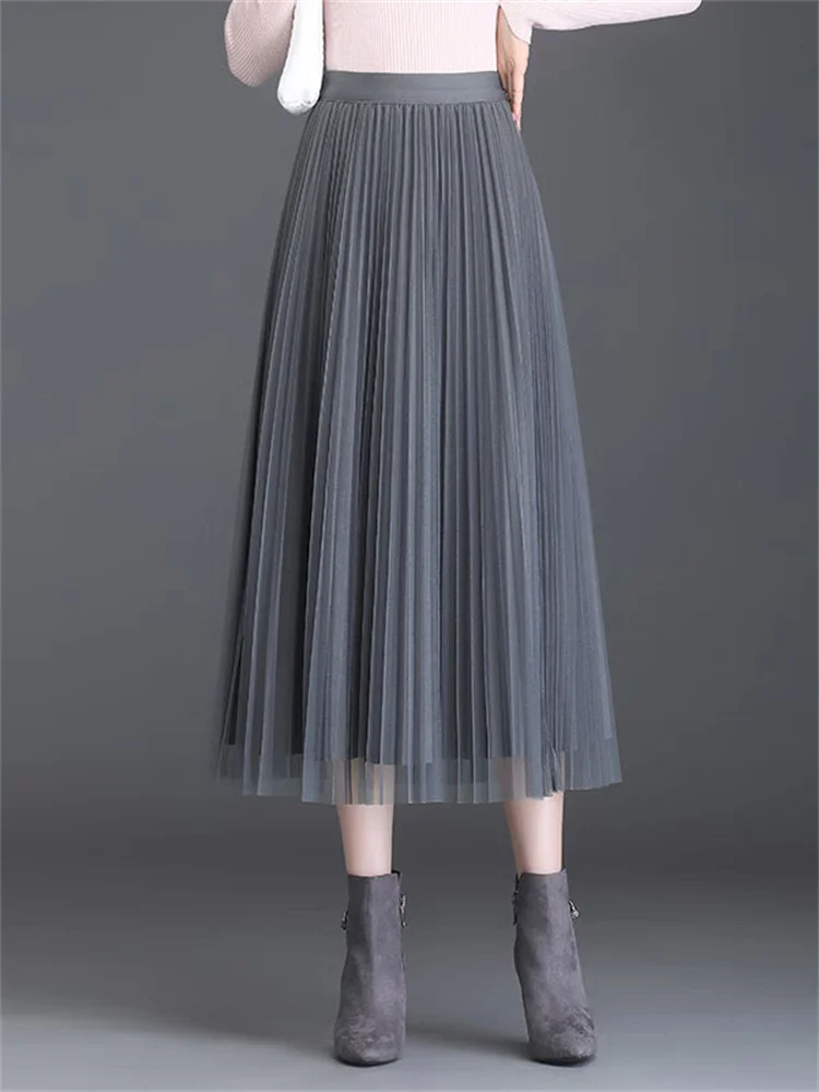 

Mesh Skirts Women Long Pleated Skirts 2023 Summer New Fashion Solid Elastic Slim A Line Umbrella Skirts Feminina