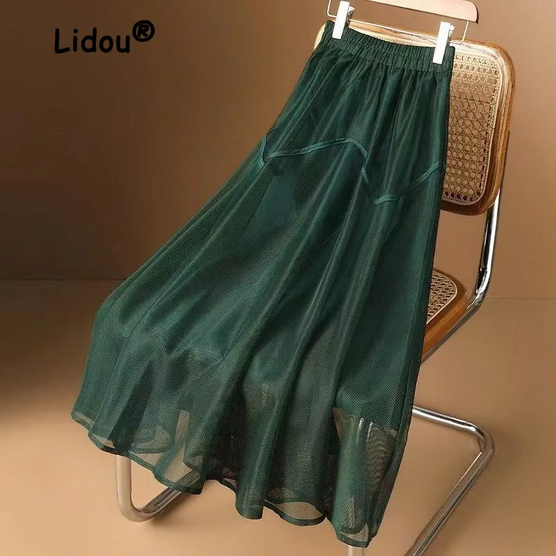 Women's Large Swing Half Body Gauze Skirt Hollow Out Mesh Slimming Temperament Lady Midi Skirt Dark Green High End New Fashion hair nets for women clip mesh hair barrette bun cover handwork rose net snood hairnet decor for lady dance office special design