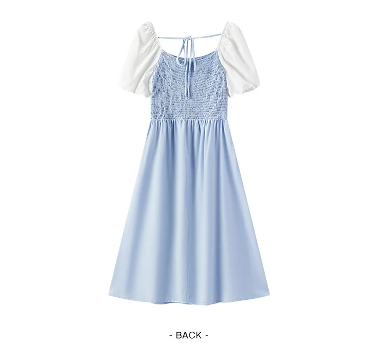 Dress Women Color-Blocking Puff Sleeves Sweet and Elegant Temperament Autumn Hepburn Style Tight Retro Skirt