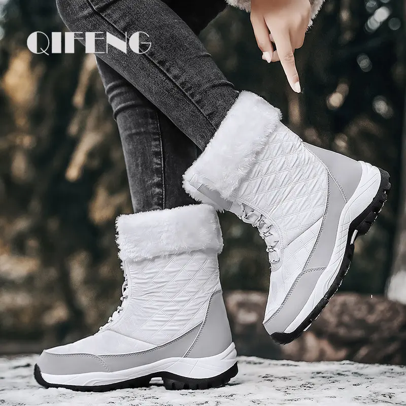 Winter Women Boots Outdoor Trendy Black Ankle Boots Waterproof Snow Boots Female Warm Fur Fashion Boots Platform Mid Calf White