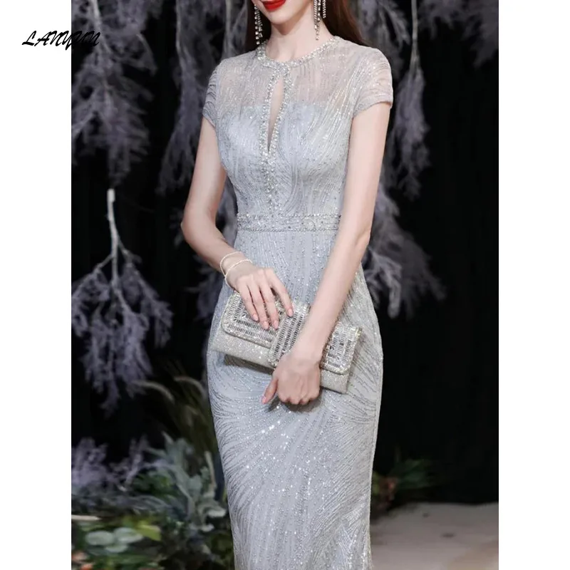 O-neck Sequined Slim Simple Evening Dresses Sleeveless Wedding Party Vestidos Temperament Elegant Prom Dress vestido de festa