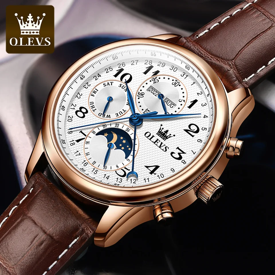 OLEVS Orologio Uomo Automatico – Cielo Stellato Fase Lunare, Quadrante Blu, Acciaio 316L, Luminoso