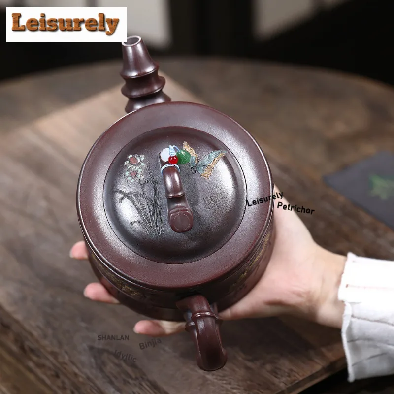 800ml Retro Yixing Purple Clay Teapots Handmade Bamboo Section Pot Raw Ore Antique Brass Mud Kettle Chinese Zisha Tea Set Gift