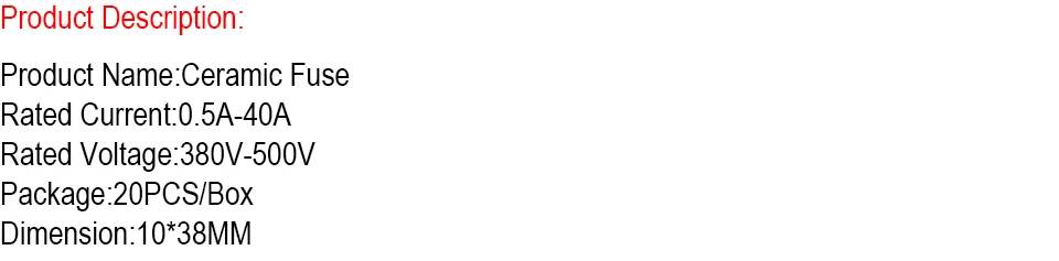 Description Picture 2 of item5PCS 10*38MM Fast Blow Ceramic Fuse 0.5A 1A 2A 3A 4A 5A 6A 8A 10A 16A 20A 25A 32A 40A 380V 500V RO15 RT18 RT14