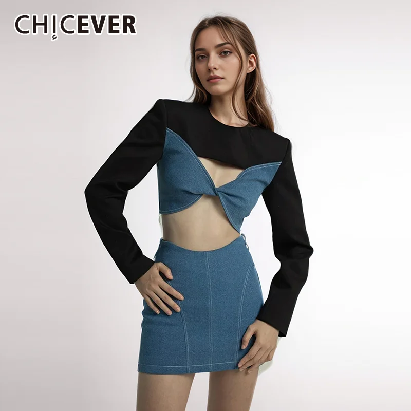 

CHICEVER Colorblock Two Piece Sets For Women Round Neck Long Sleeve Patchwork Denim Top High Waist Mini Skirts Slim Set Female