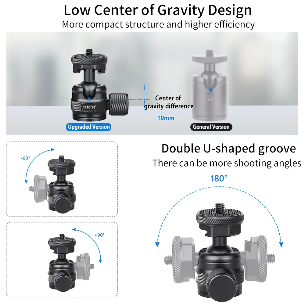 ARTCISE CB21 Mini Tripod Ballhead Low Profile Panoramic Double U-shaped with Cold Shoe for Camera Microphone Fill Light Monopod