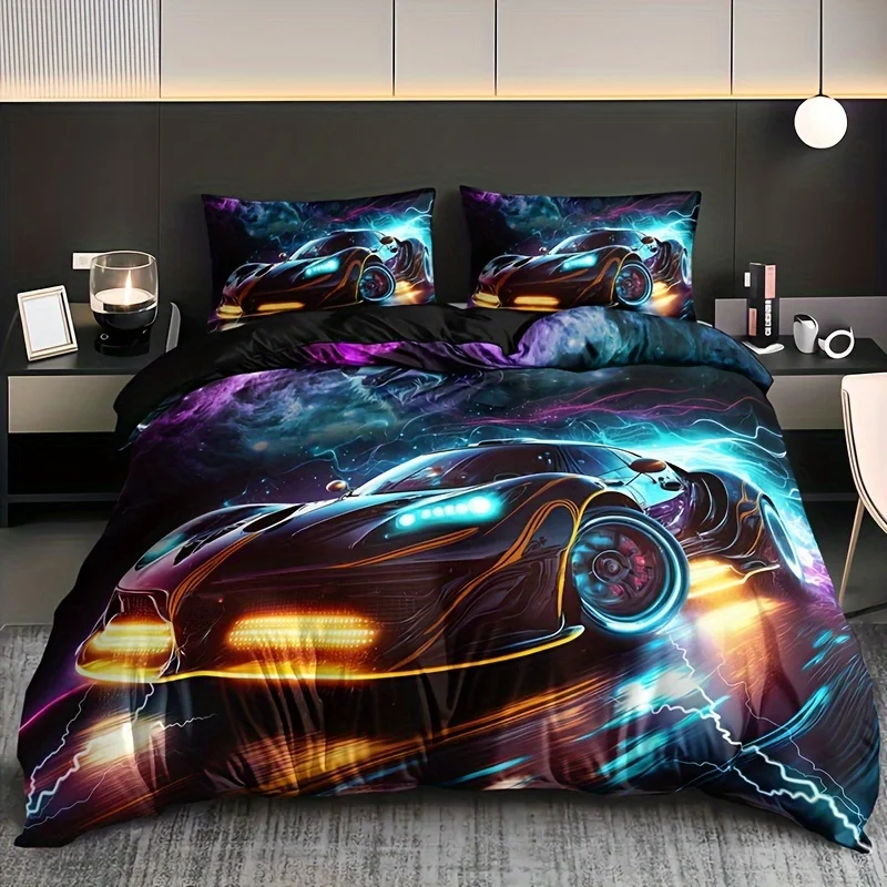 3pcs 3D Wolf Super Car Duvet Cover Set With 2 Pillowcases (No Inserts), High-Definition Print Bedding For Home & Dorm Decor