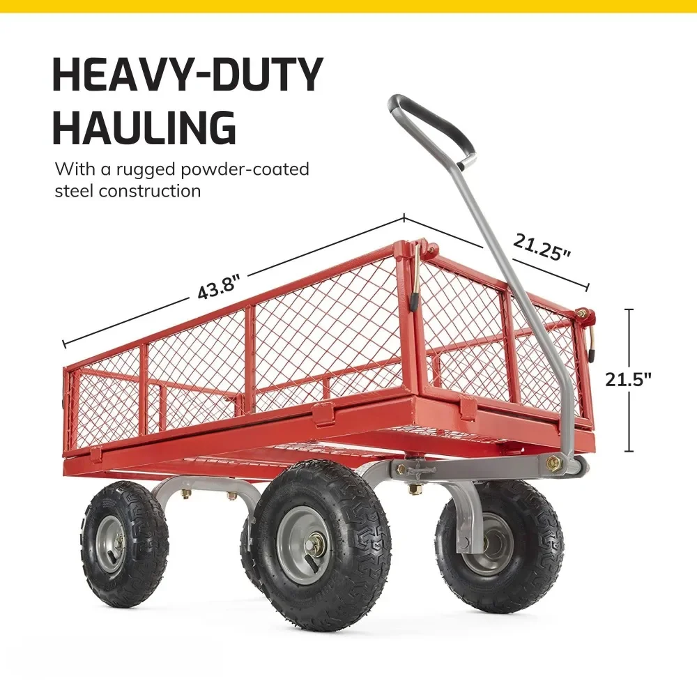 800 Pound Capacity Steel Utility Cart, Flatbed Gardening Cart, Outdoor Yard Wagon with Tow Handle and Removable Sides, Red