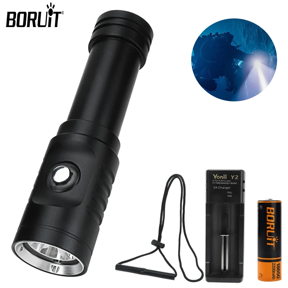 

BORUiT Powerful LED Diving Flashlight 1000LM Super Bright Underwater Torch 18650 Battery IPX8 Waterproof Lamp With Hand Rope