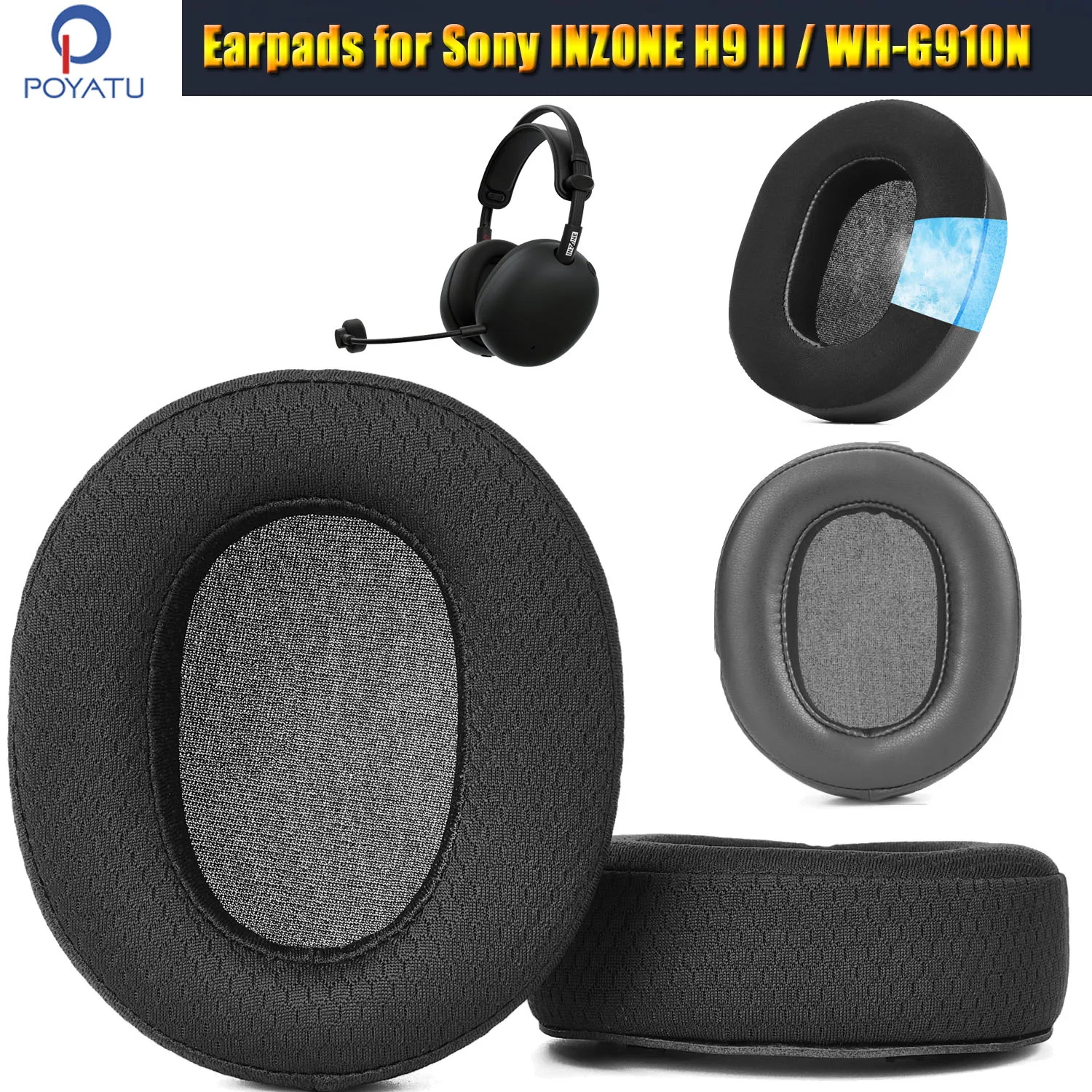 WHG910N/B Earpads for Sony INZONE H9 II WH-G910N Headset Replacement Ear Pads Cushions Fabric Mesh & Protein & Cooling Gel