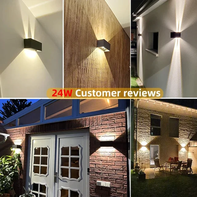 Lampada da parete a LED in alluminio Lampada da parete per interni IP65 impermeabile per esterni 12W24W Portico Luci da giardino Soggiorno Illuminazione per scale stradali 5