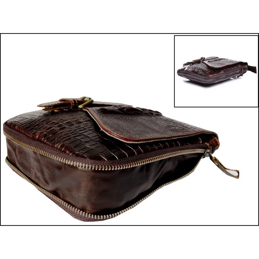 Retro Men's Cowhide Shoulder Bag Crocodile Pattern Crossbody Bag Multifunctional Bum Bag Business Bag