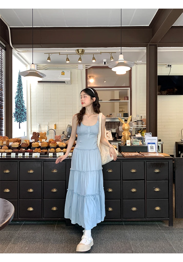 French Elegant Dresses for Women Solid Spaghetti Strap Summer New Ruffles A-line Casual Korean Chic Midi Vestidos Mujer