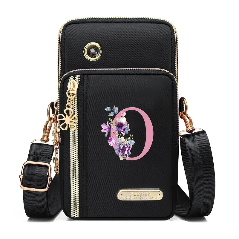 Floral Print Mobile Wallet with Zippered Card Organizer and Adjustable Strap