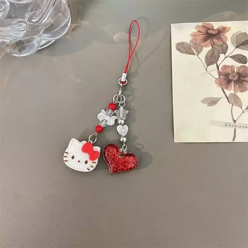 iigen Sanrio Kawaii 헬로 키티 폰 체인 끈 아이폰용 빛나는 레드 러브 하트 폰 스트랩 소녀 가방 교수형 로프 쥬얼리