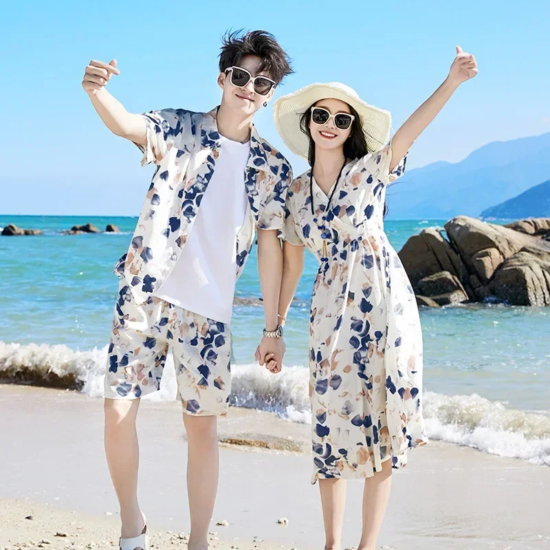 2024 Summer Family Vacation Look Clothes Mom and Daughter Short Sleeve Dress Holiday Dad and Son Shirts Two Piece Outfits Sets 3