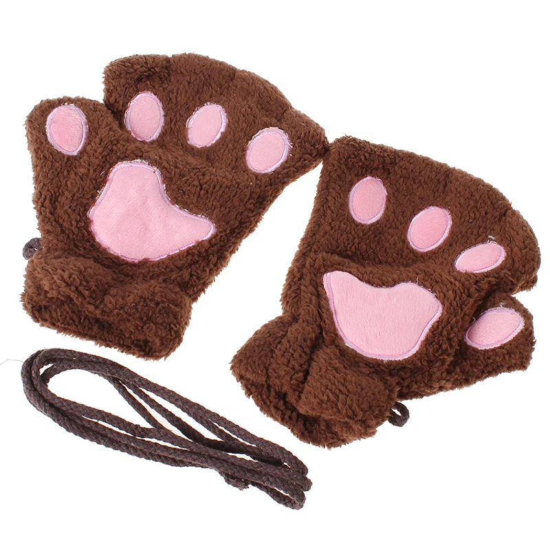 

Hot Women Winter Gloves Lovely Cat Claw Paw Mitten Plush Glove Costume Cute Winter Warm Half Finger Gloves Female Mitten