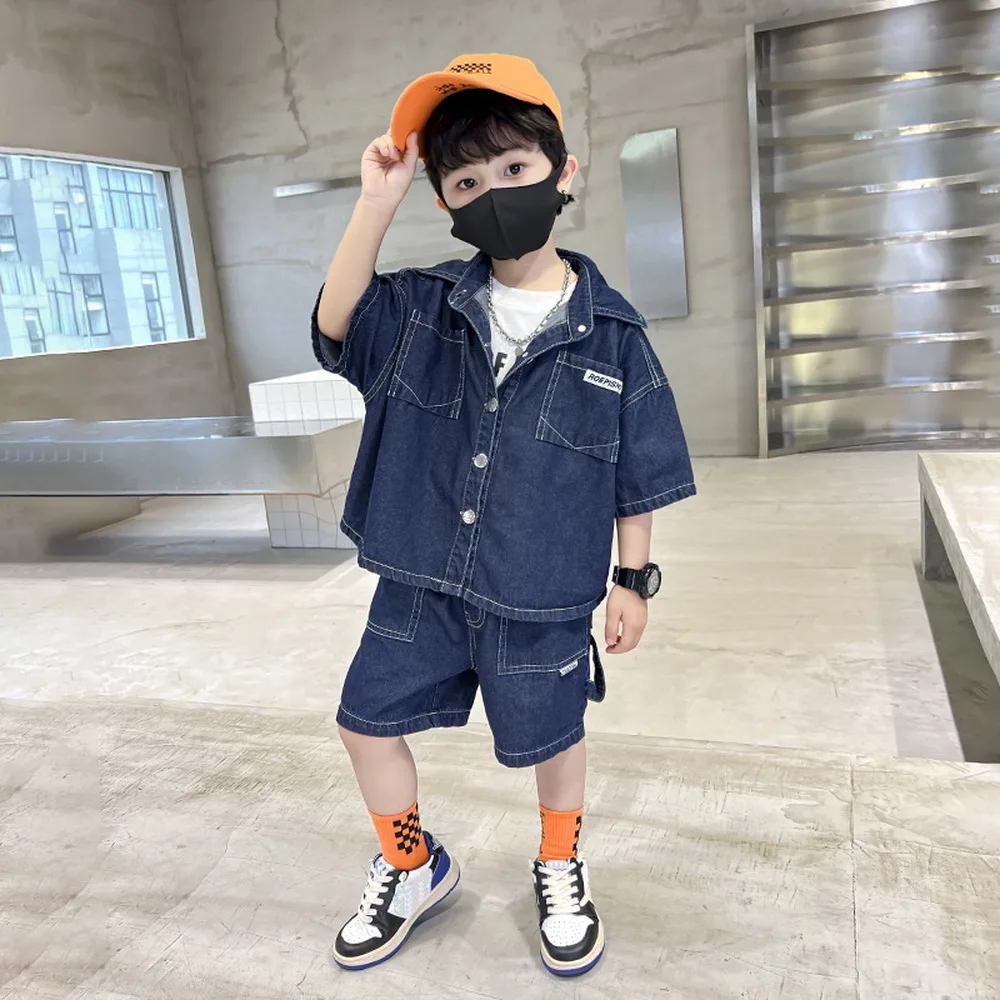 

Baby Girl Boy Clothes Summer buy Denim Fabric Kids Clothes Sets Short Sleeve Tops Shirt + Shorts 2PCs Children's Tracksuit 2-11Y