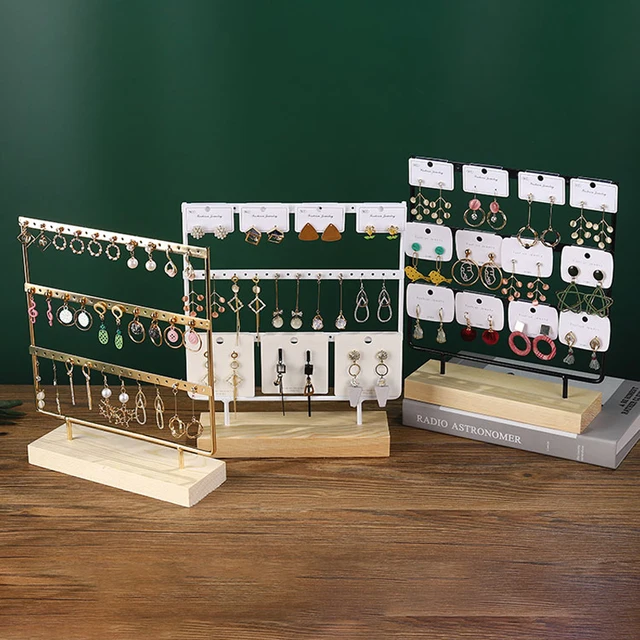 85326-a76566.jpg Présentoir de boucles d'oreilles à 3 niveaux et 72 trous, organisateur de rangement de bijoux en métal à 3 couches, support de Base en bois, arbre, support de clous d'oreille, cadeau
