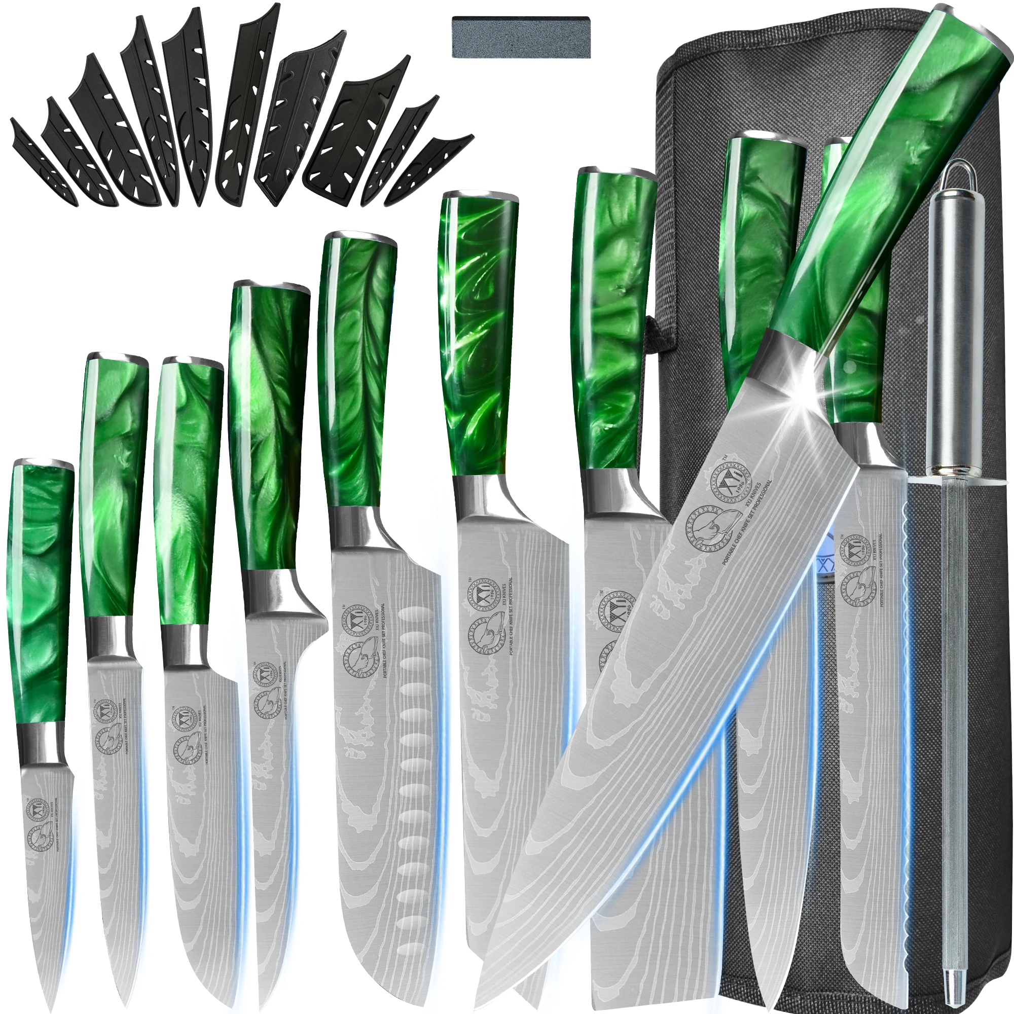 

XYJ 10pcs Kitchen Knife Set Stainless Steel Cooking Knives Green Resin Handle Honing Steel Scissors Whetstone Sheath Roll Bag