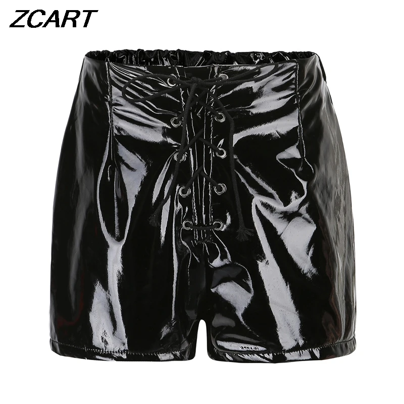 Sexy Women Faux Leather Shorts Goth Ladies Lace Up High Waist Shorts Female Sexy Mini Red Black Club Hot Pants
