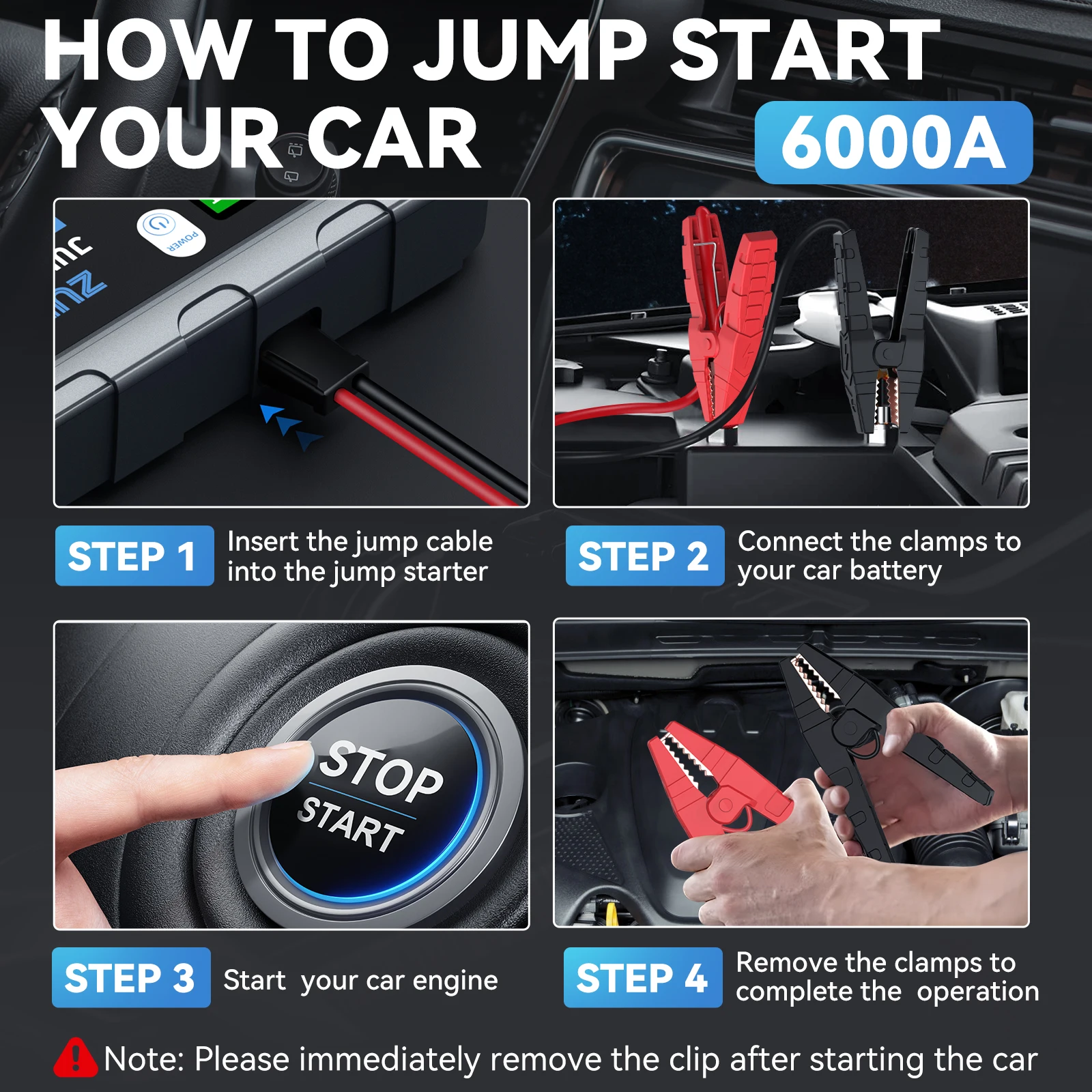 Car 6000A Peak 12V Automatic Portable jump starter,car jump starter Battery Pack with Smart Jumper Cable & LED Light